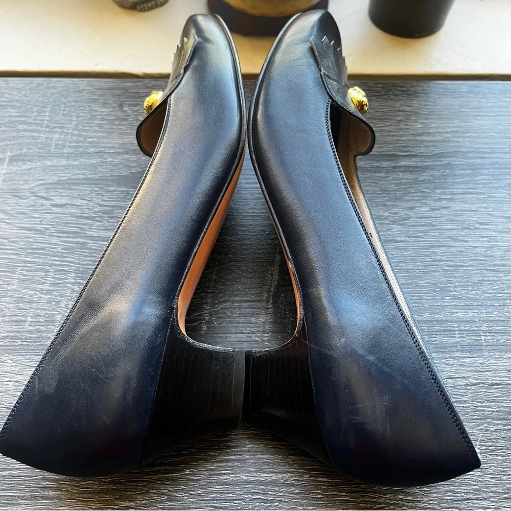 Salvatore Ferragamo Navy Button Detail Logo Fringe Penny Loafers 6.5 2A